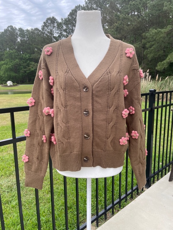 Storia Sweaters - Storia Brown Cable Knit Cardigan with Pink 3D Embroidered Flower Accents
